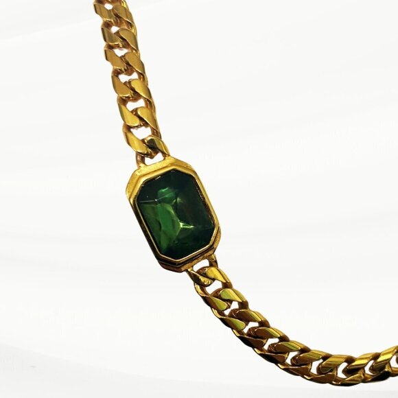 Chunky Gold Cuban Link Chain with Faux Emeralds - Picture 3 of 6